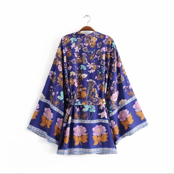 Boho gypsy floral print short kimono blue - Picture 3 of 14